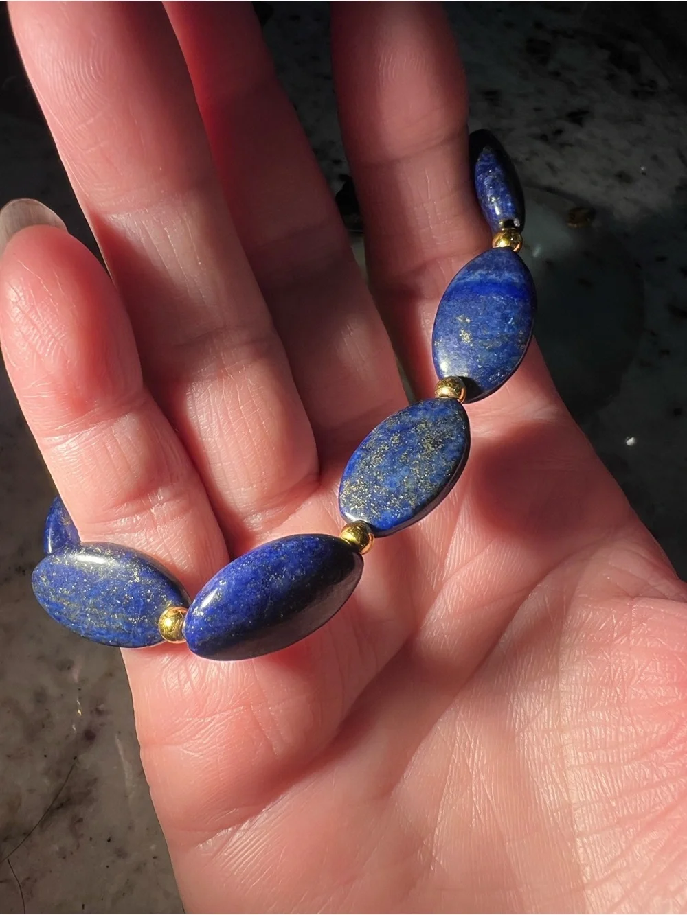 Lapis Lazuli Beaded Stretch Bracelet - Deep Blue with Gold Accent